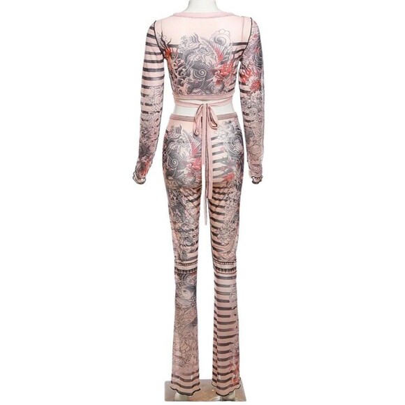 Sexy Sheer Two Piece Pants Set Striped Large Bodycon Tight Clubwear Nude Sailor - Picture 3 of 5